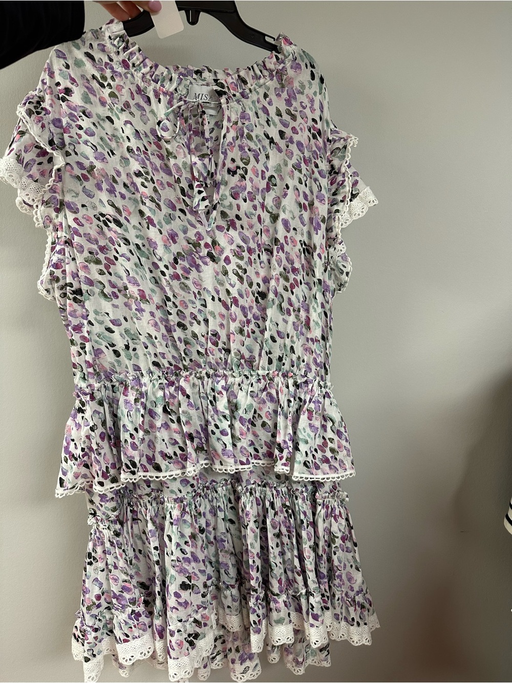 Misa Los Angeles White Floral Mini Dress with Purple & Green Spot Print